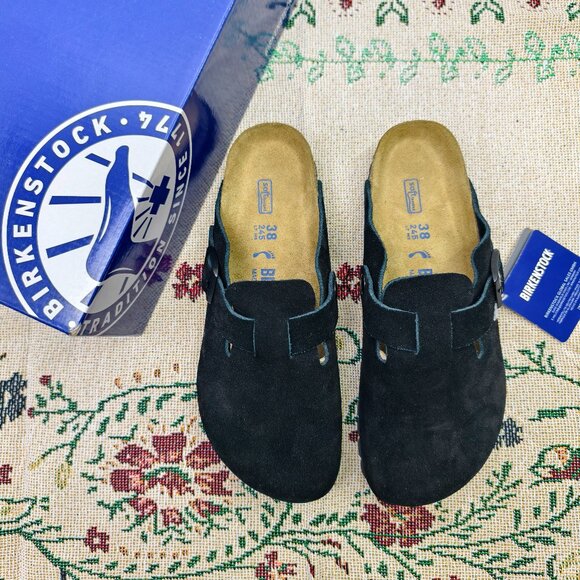 NWT Women's Black Suede Birkenstock Boston Shoes - Narrow Fit - Picture 1 of 7